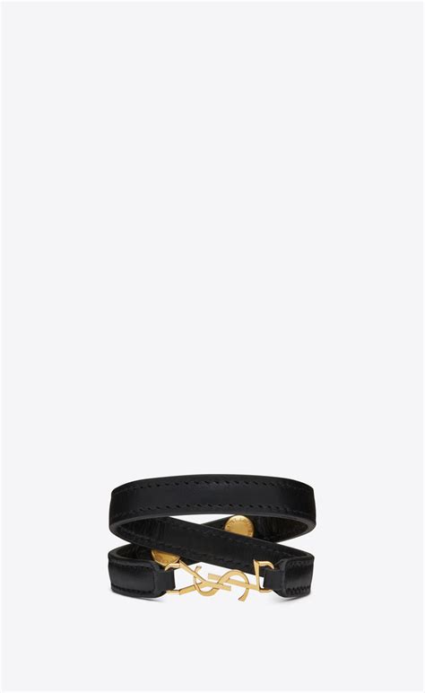 ysl double wrap bracelet in black leather and gold-toned brass|ysl bracelets for women.